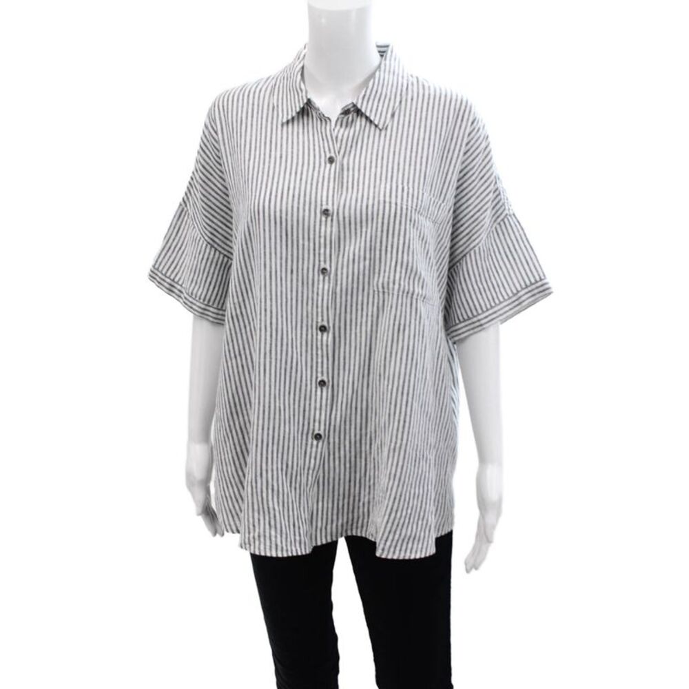 Splendid Womens Striped Linen Blend Short Sleeve Button-Up Blouse Size S